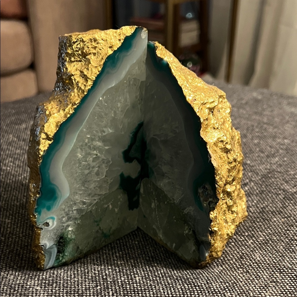Gold-painted Green Agate Bookends